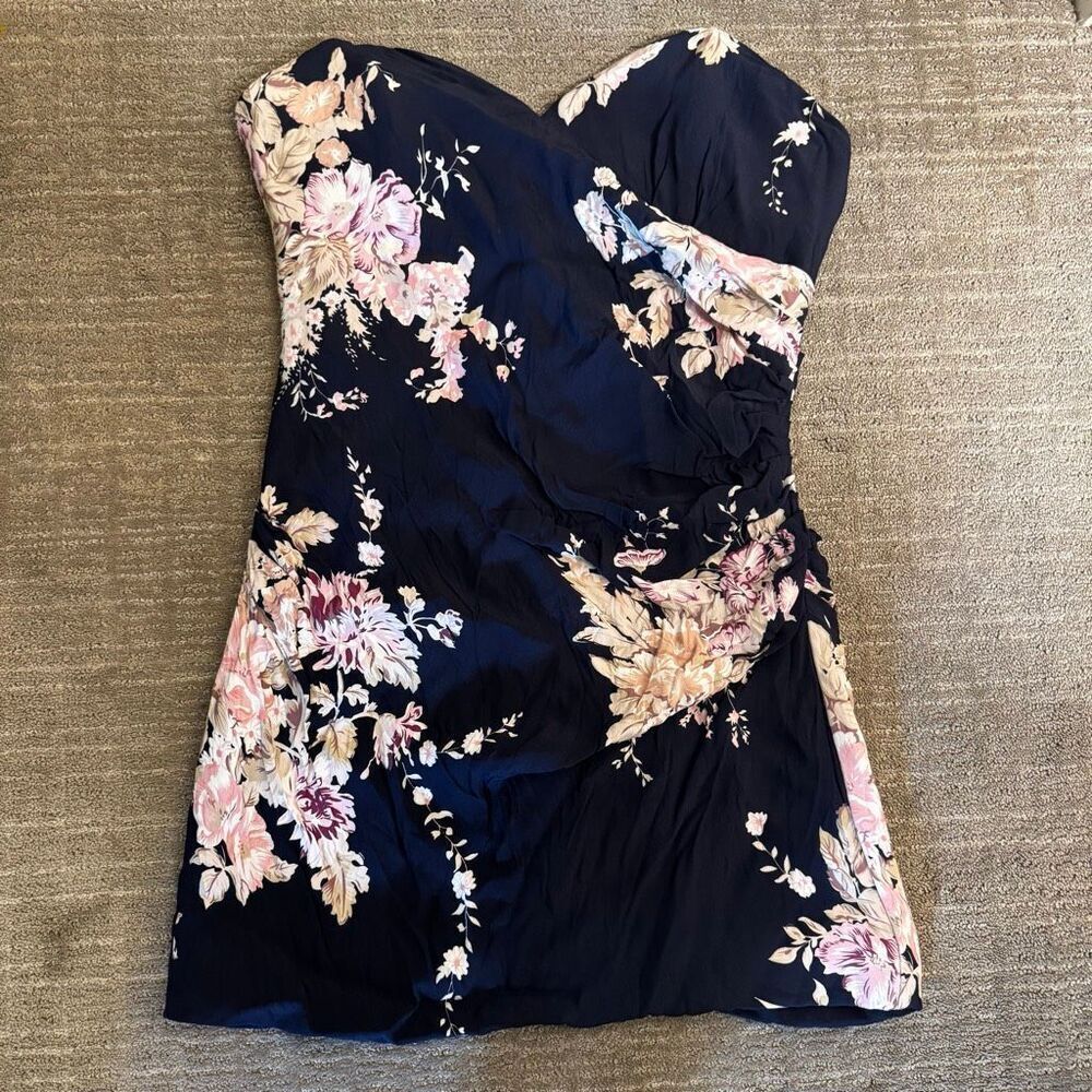 MAJORELLE Navy Blue Pink Floral Strapless Ruched Mini Dress XL